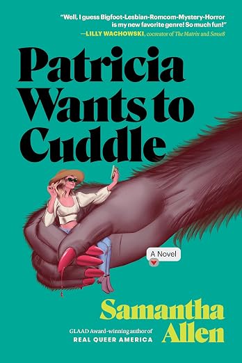 A woman sitting in a large, furry hand with its arm extended