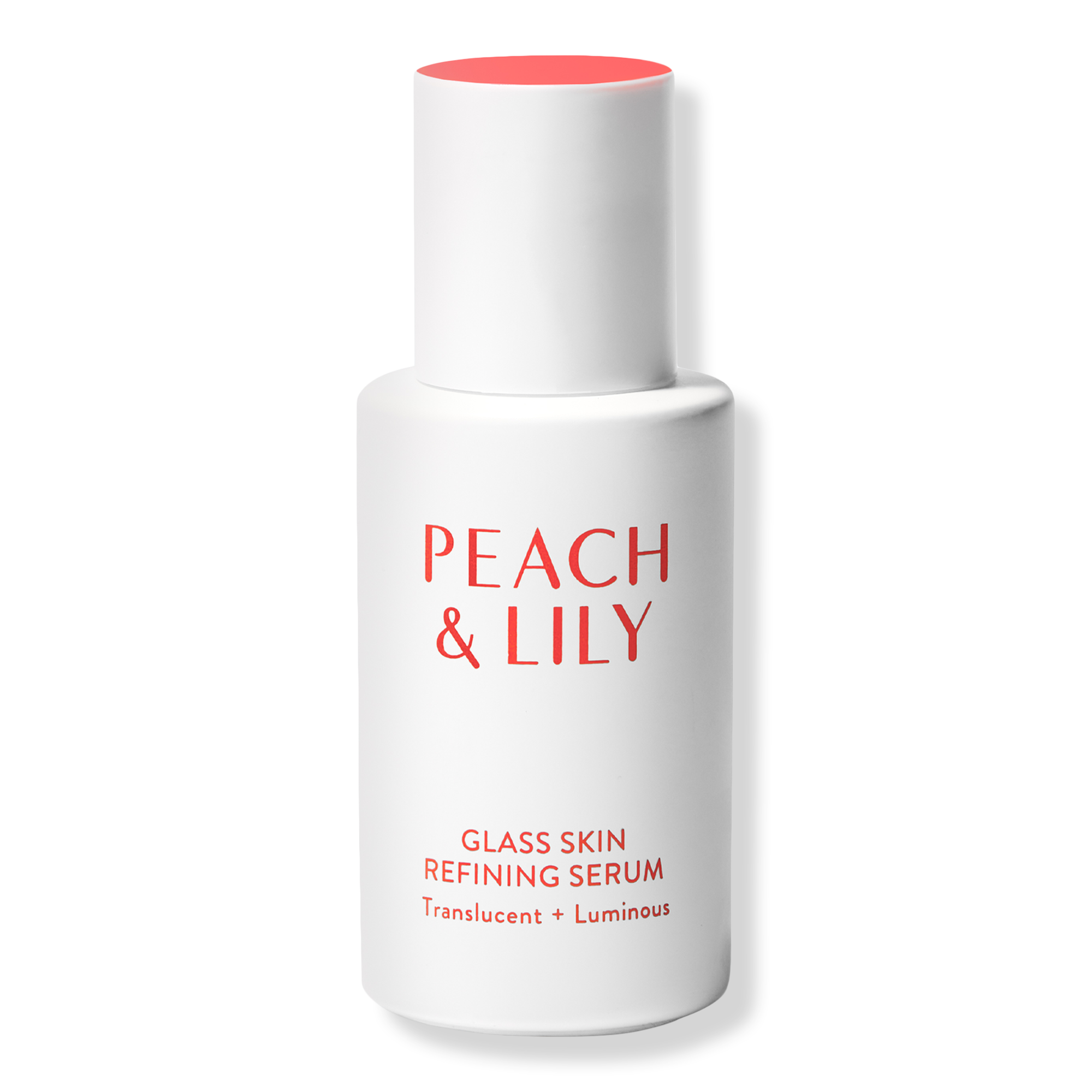 A white Peach & Lily Glass Skin Refining Serum bottle with a coral-red cap and lettering stands against a black background, conveying a clean, polished skincare aesthetic.