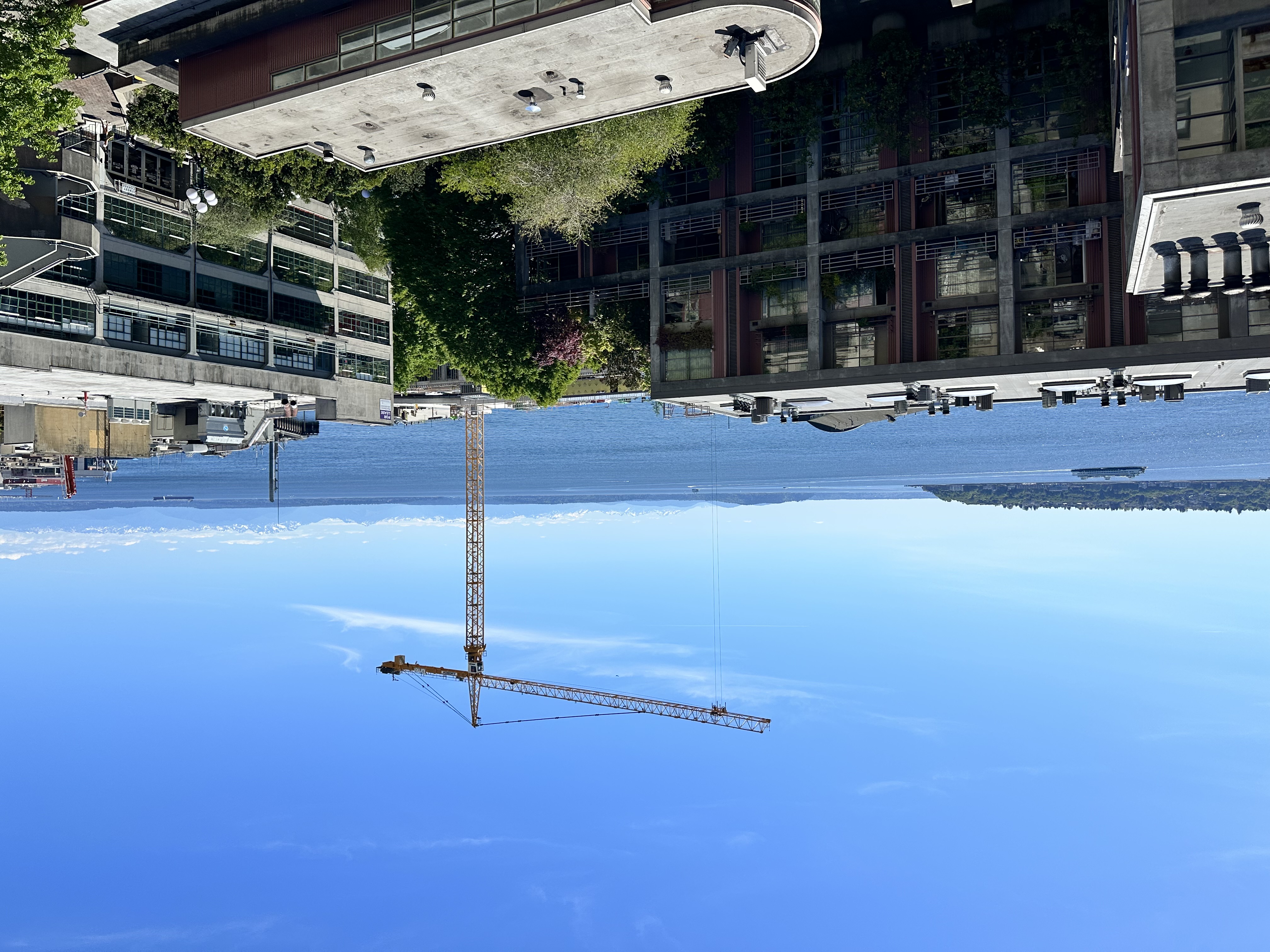 View of water, buildings, and mountains from rooftop in Seattle, Washington.