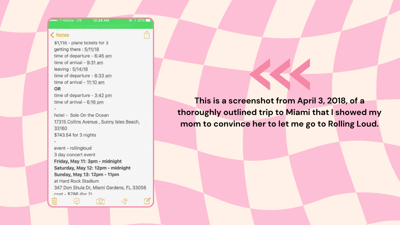 A screenshot of a thoroughly outlined trip to Miami for Rolling Loud 2018.