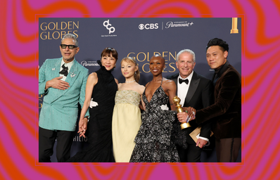 Jeff Goldblum, Michelle Yeoh, Ariana Grande, Cynthia Erivo, Marc Platt, and Jon M. Chu at the 2025 Golden Globes