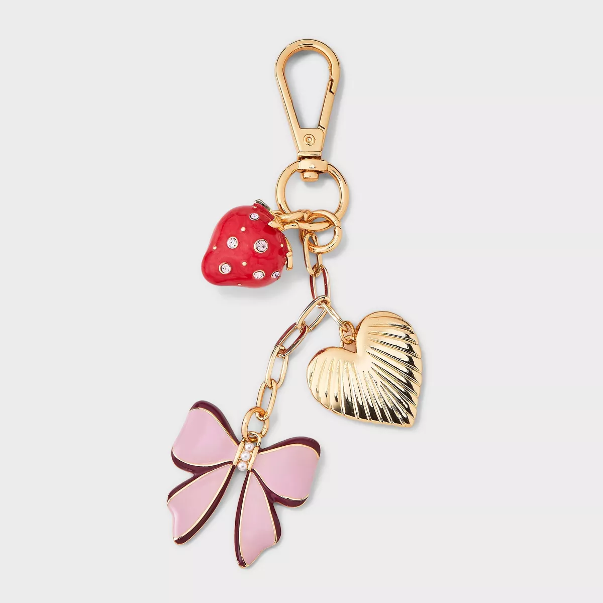 strawberry hearts and bow gold bag charm