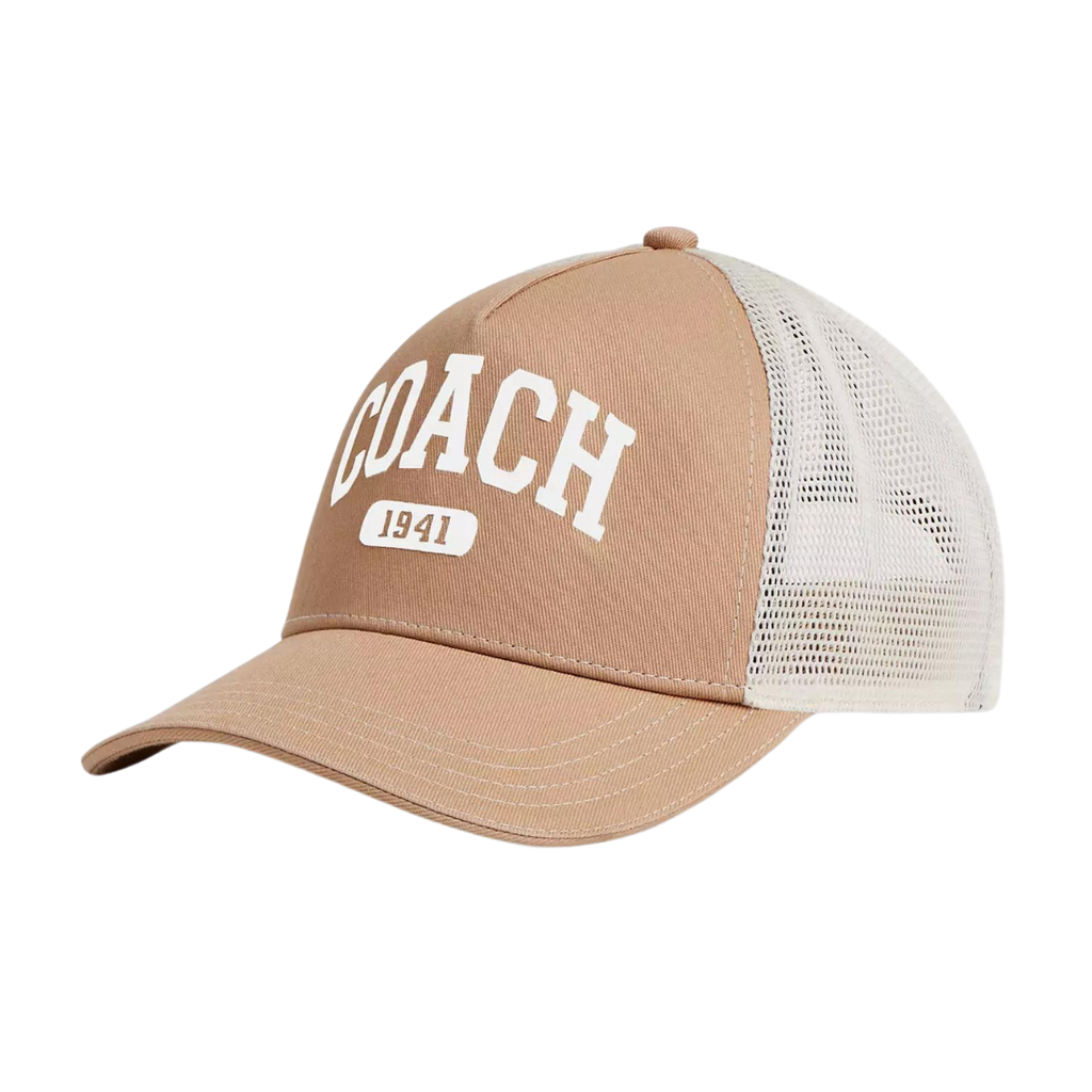 beige trucker hat with white embroidery and white mesh back