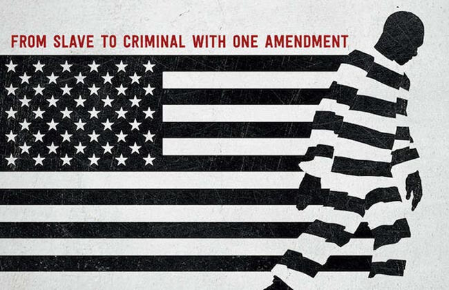 Movie Art from the Documentary \"13th\" on the 13th amendment. States \"From slave to criminal with one amendment\" with a man tangled in the American flag.