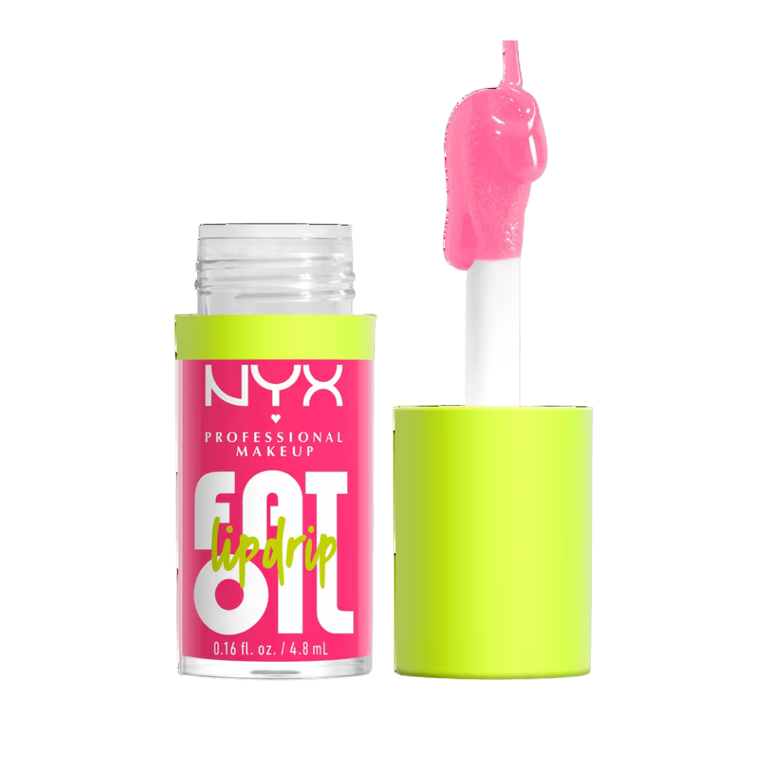 Open lip oil container with bright pink liquid. The bottle has a neon yellow cap and bold branding, exuding a playful and vibrant feel.
