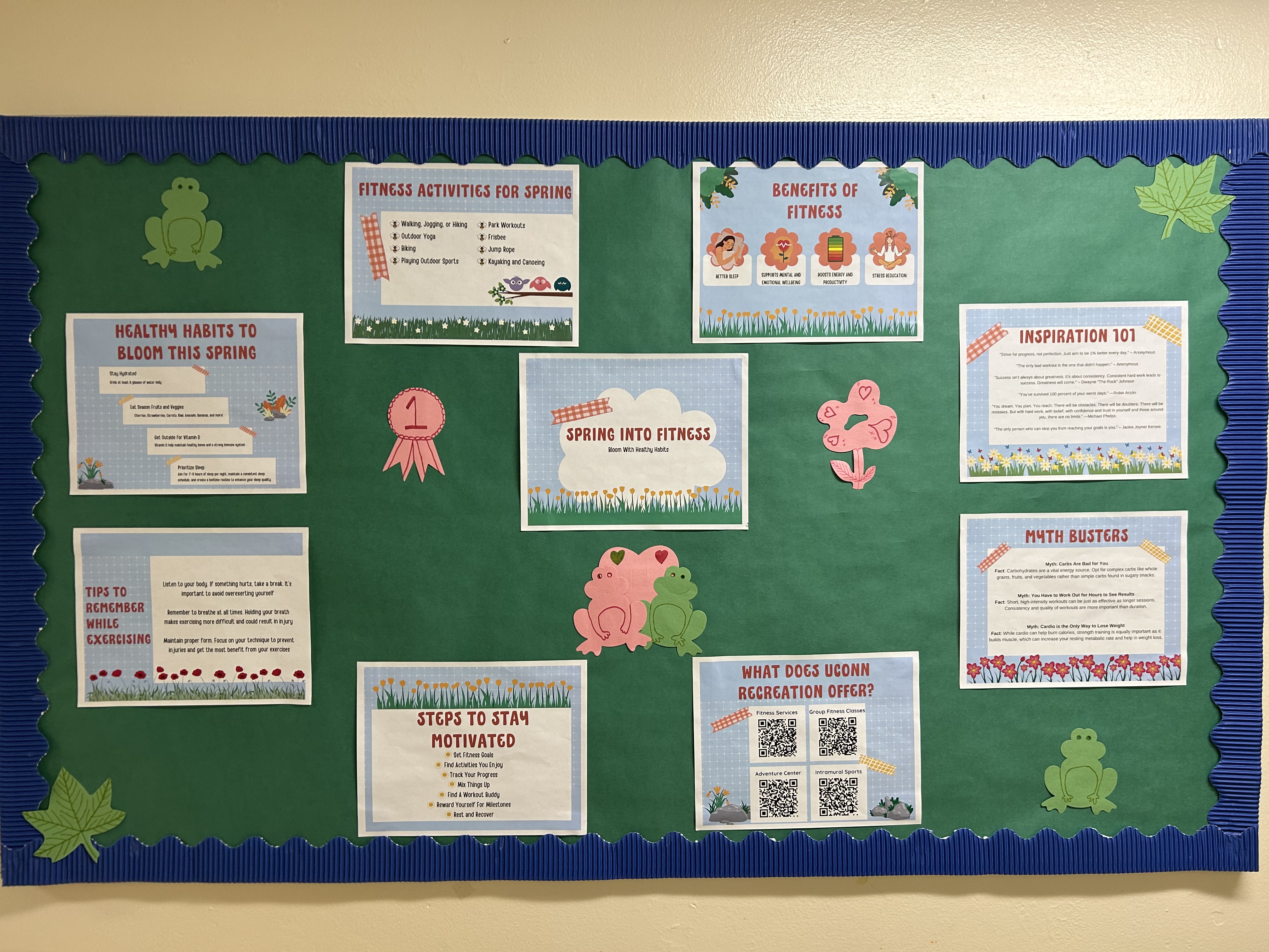 spring into fitness board with information and decorations