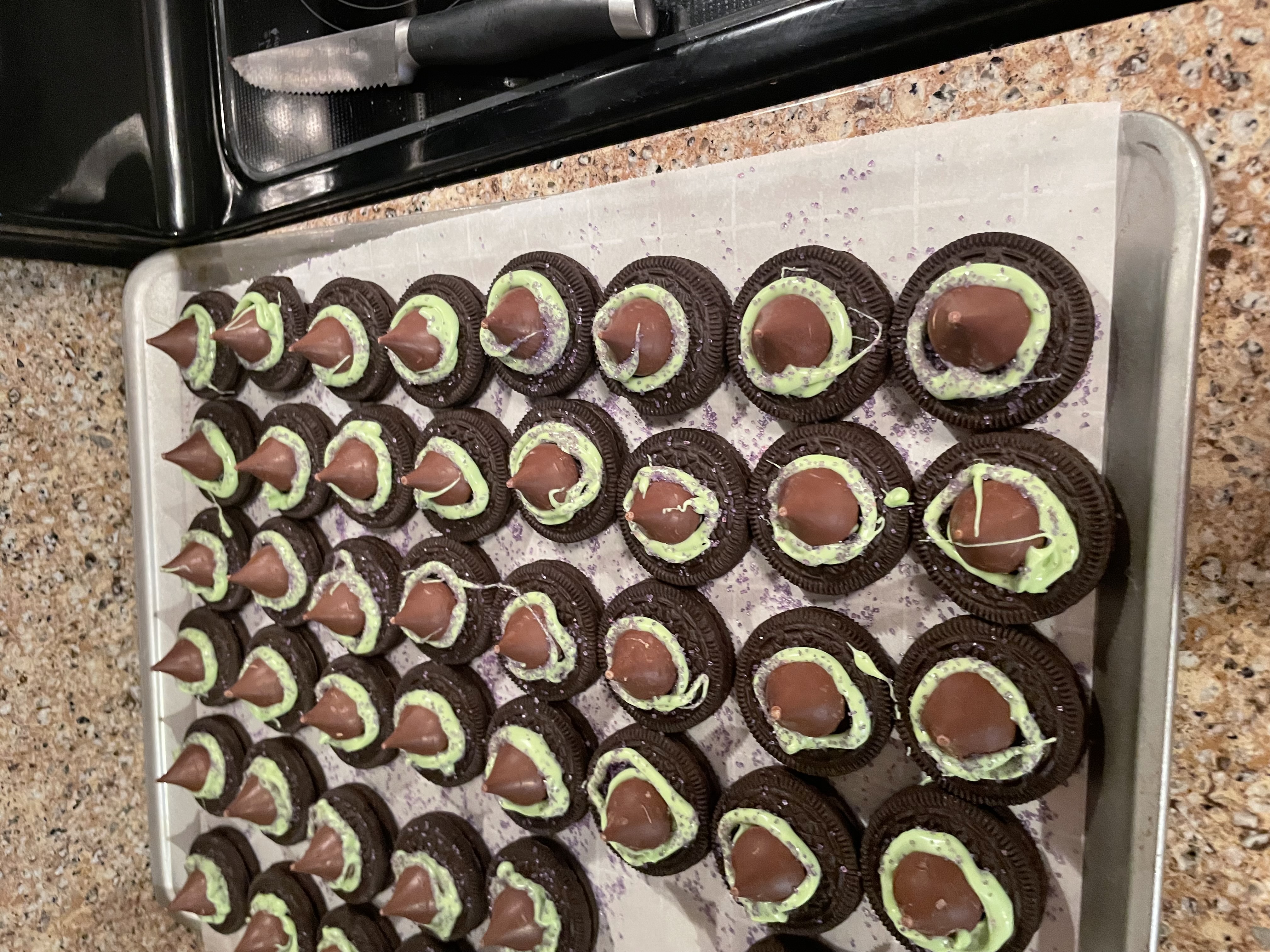 Oreos decorated to look like witch hats.
