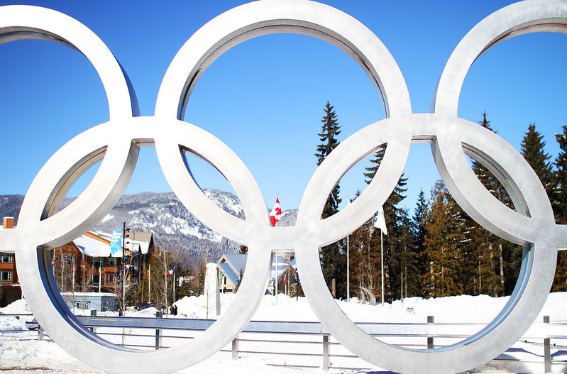 silver Olympic rings in front of snowscape