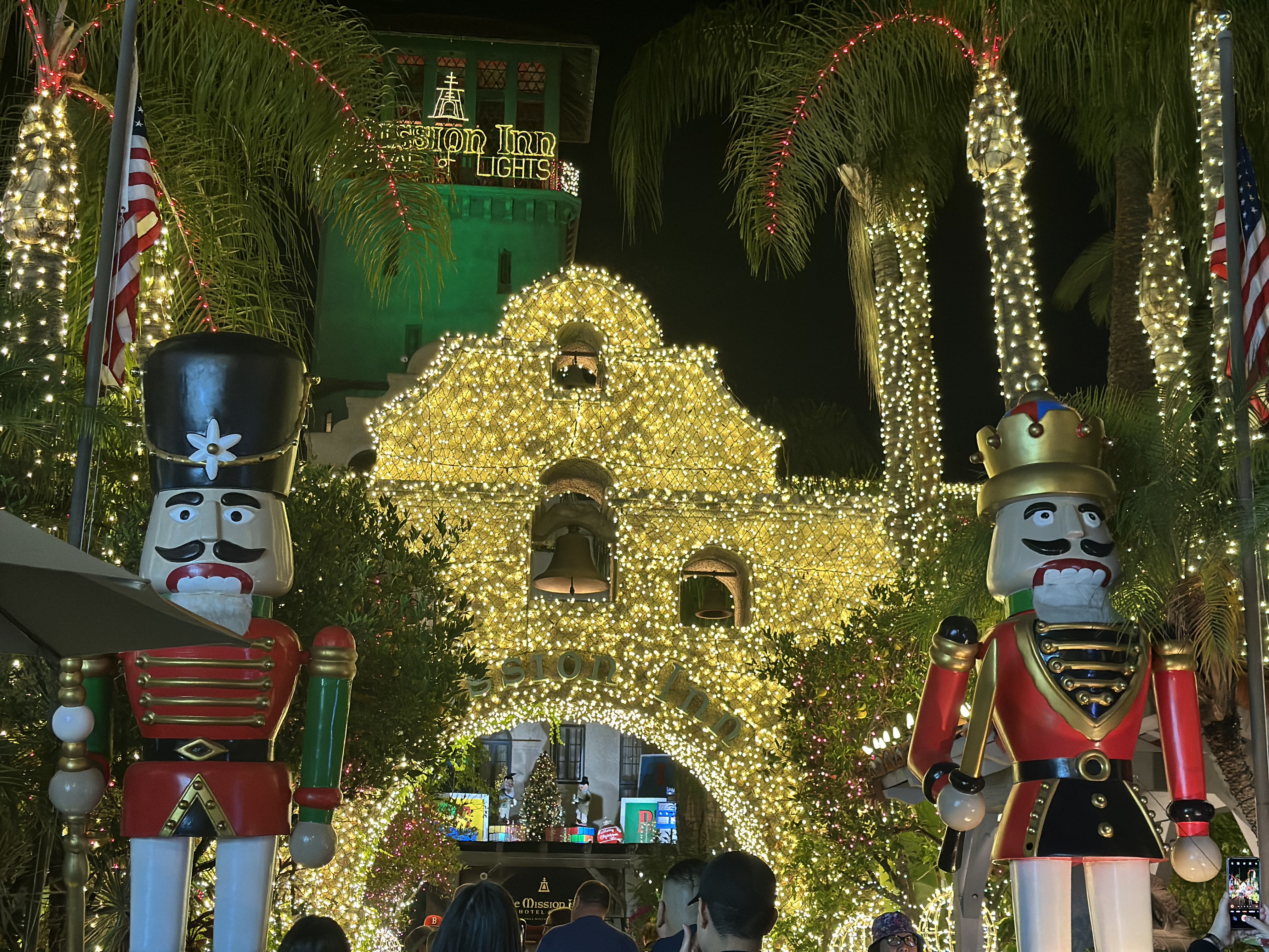 Entrance of the Mission Inn Festival of Lights in Riverside. Nutcrackers on each side.