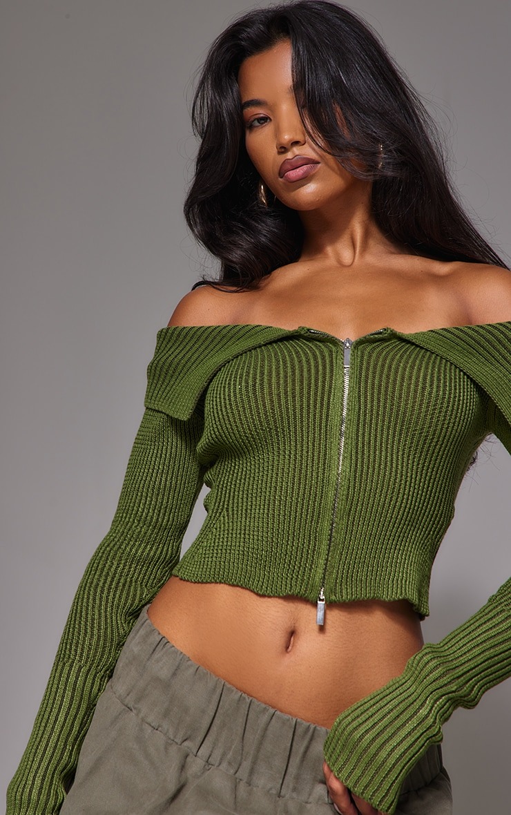 PrettyLittleThing Khaki Thick Rib Knit Foldover Zip Up Bardot Top