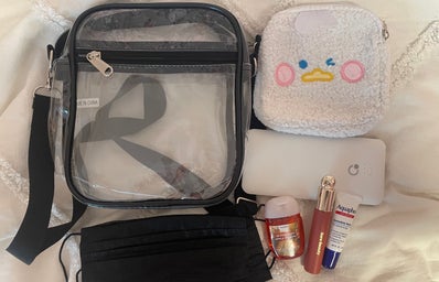 clear bag laid out with wallet, masks, lip gloss, and hand sanitizer