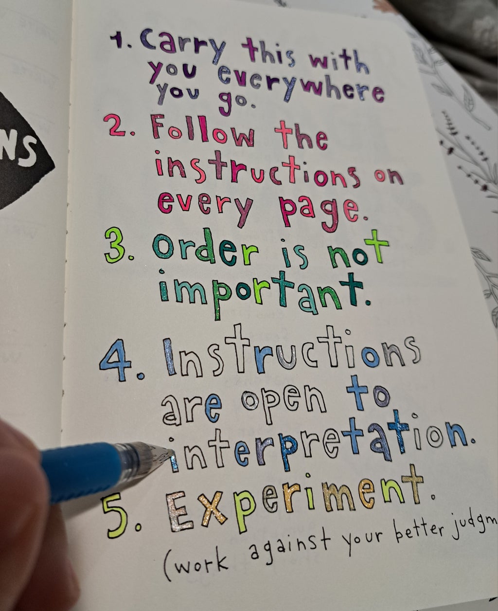 Wreck This Journal instructions page creative art