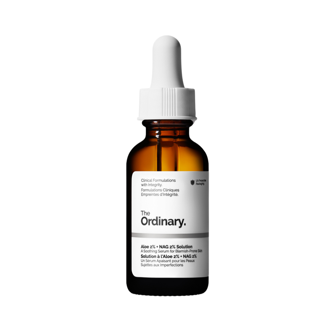 A brown glass dropper bottle of The Ordinary serum labeled \