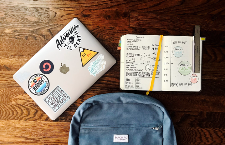 flat lay photography of blue backpack beside book and silver macbook