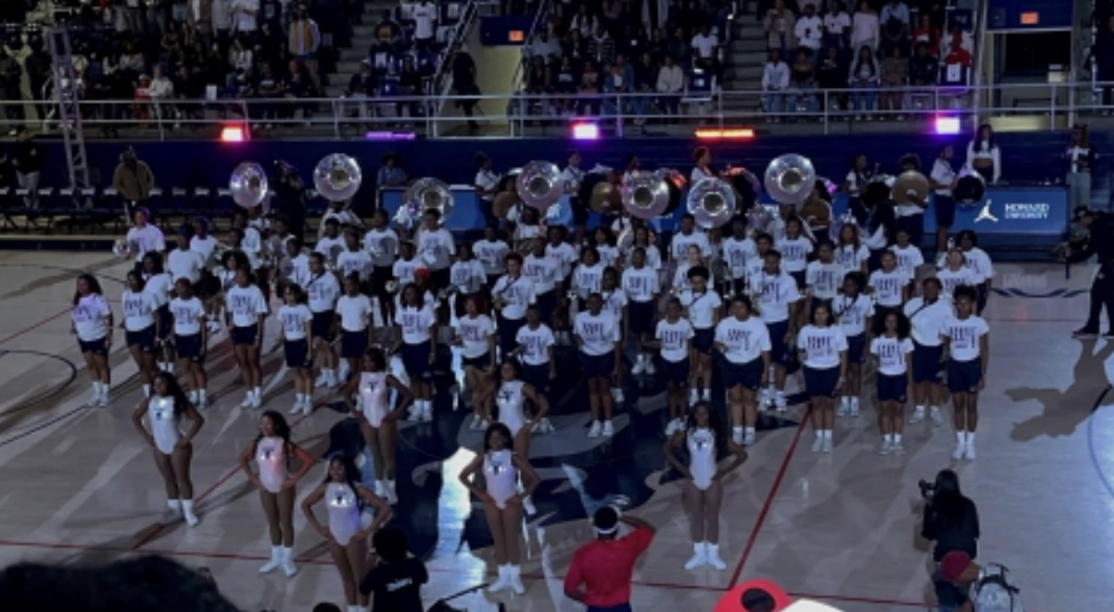 Howard University band and Bisonettes performing at \'Bison Madness\'.