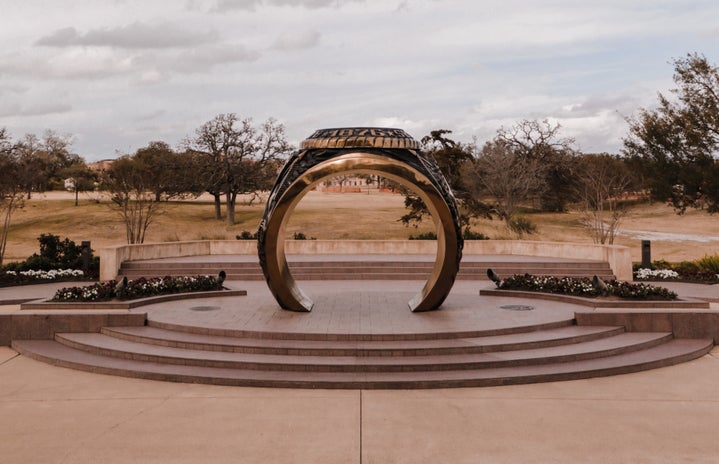 Aggie Ring Statue at Texas A&M University. College Ring, TAMU, Aggie Gold, Aggie Ring.