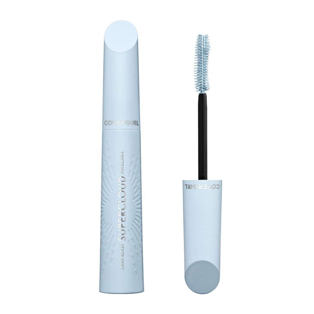 Light blue Covergirl Supercloud mascara tube and wand. The tube is closed, and the wand, with a textured blue brush, is placed beside it. The branding is visible on both the tube and the wand.