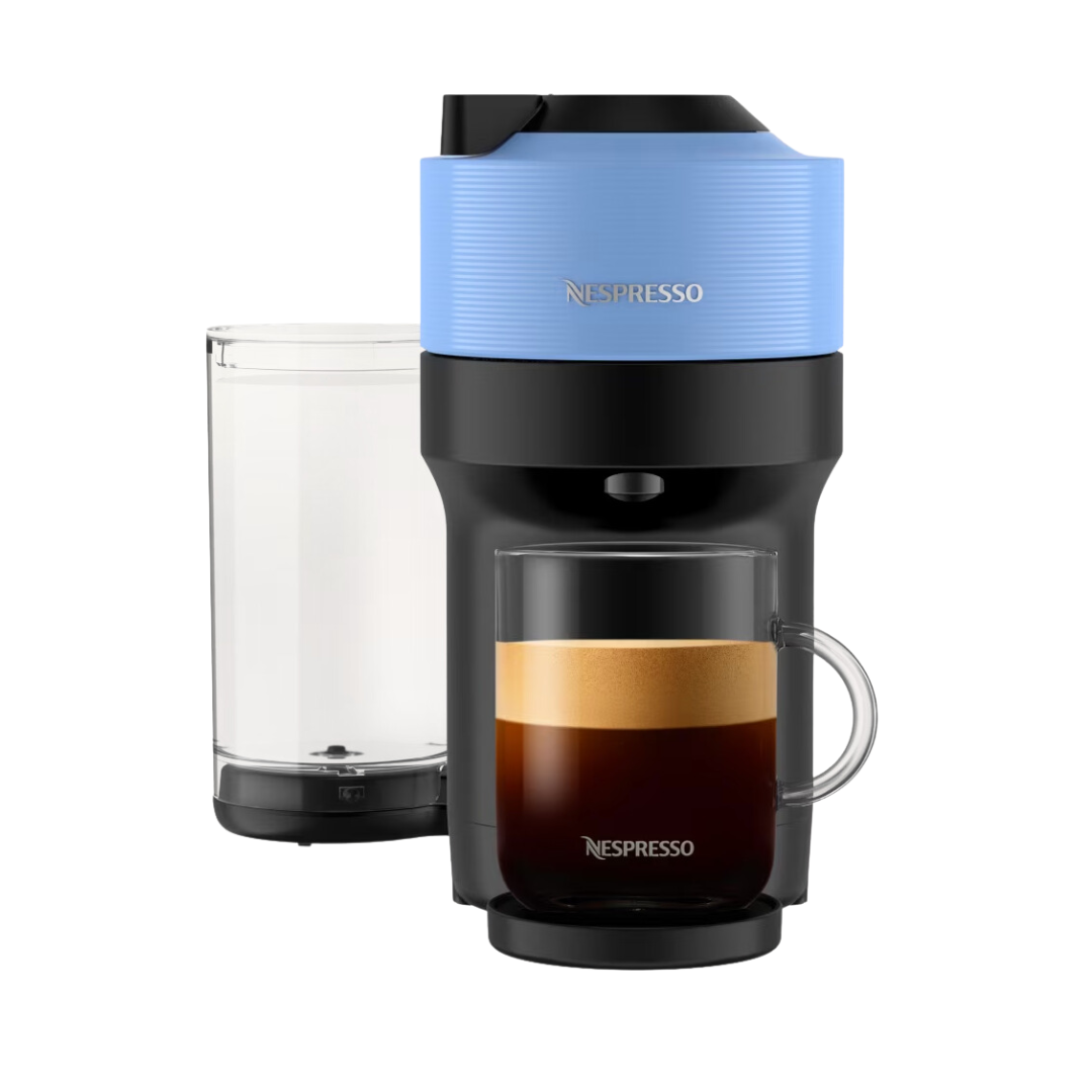 black and light blue single-serve coffee machine