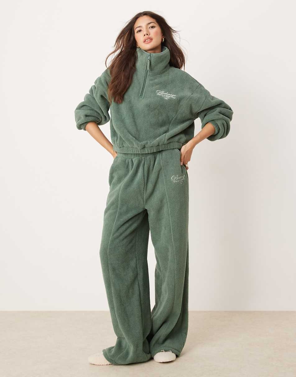 ASOS Design Lounge Microfleece Zip Collar Sweat & Wide Leg Set