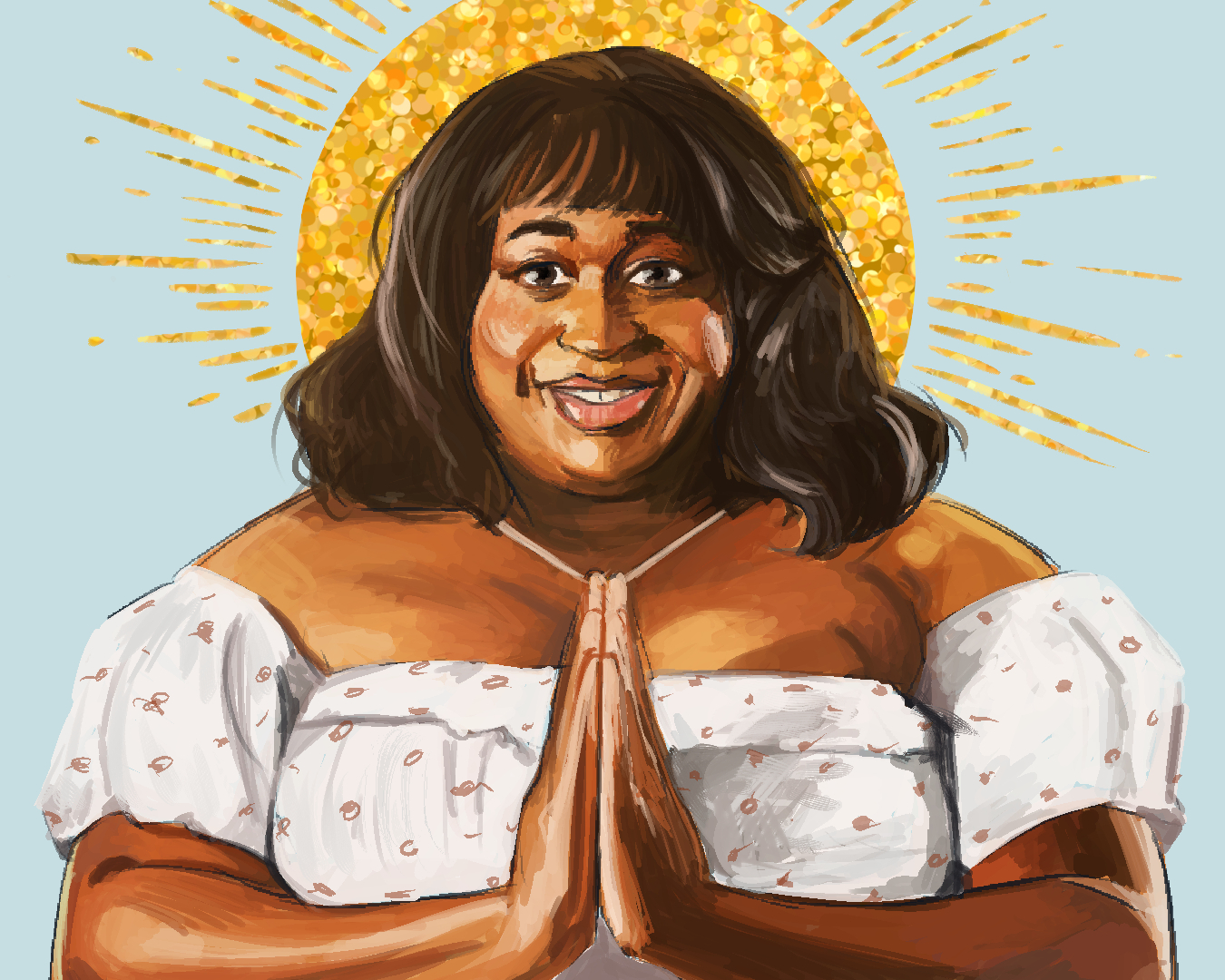 digital drawing of a woman in prayer with the sun rising behind her