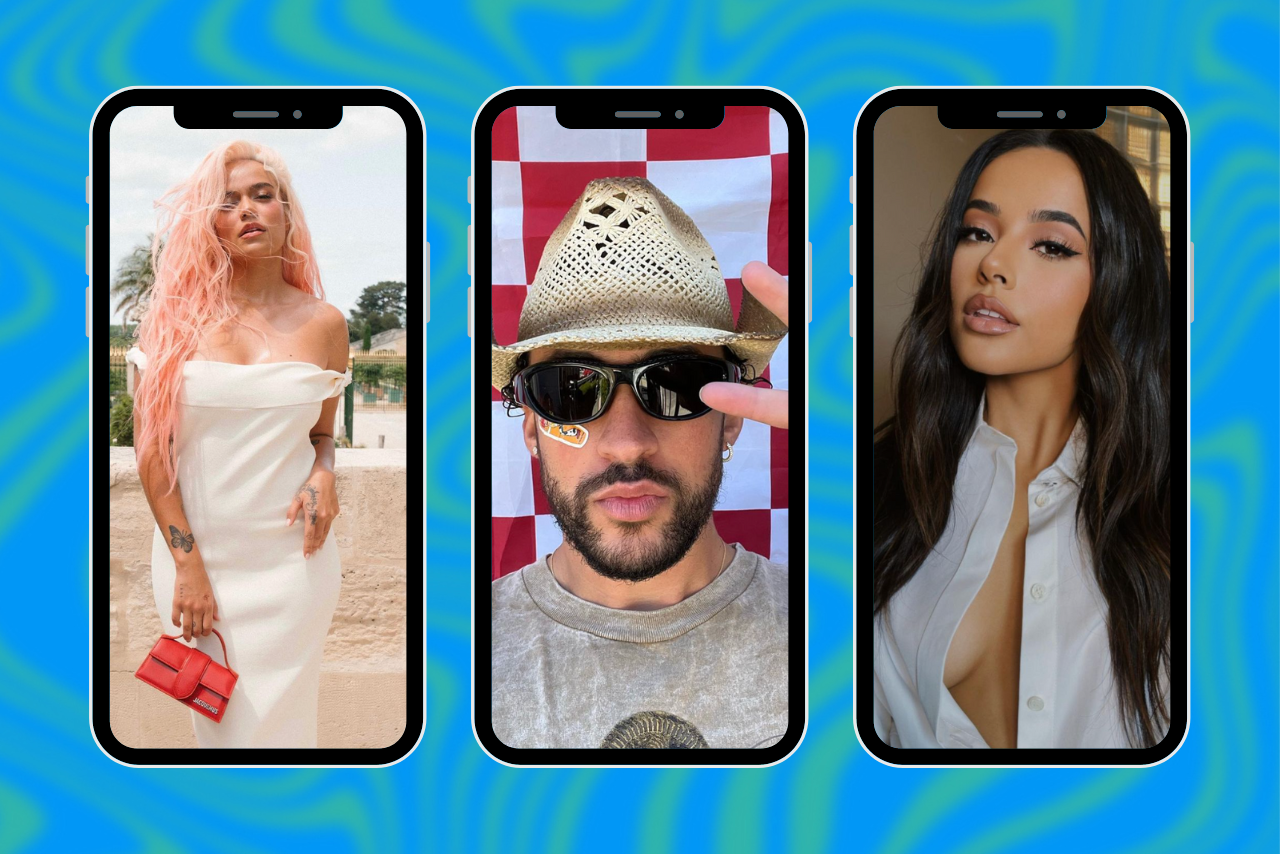 Instagram posts of Karol G, Bad Bunny, and Becky G