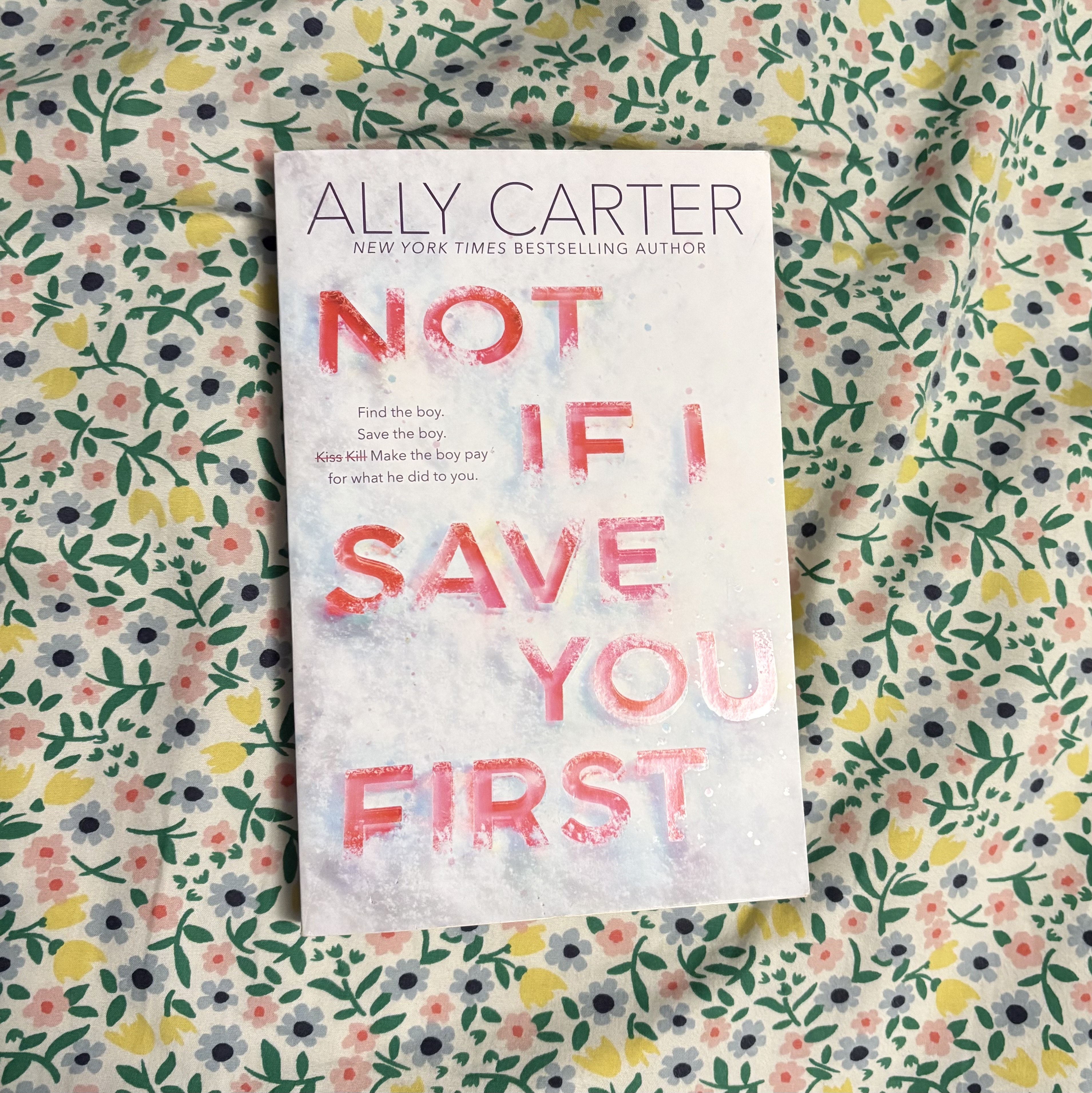 book cover of \'not if i save you first\' on bedsheet