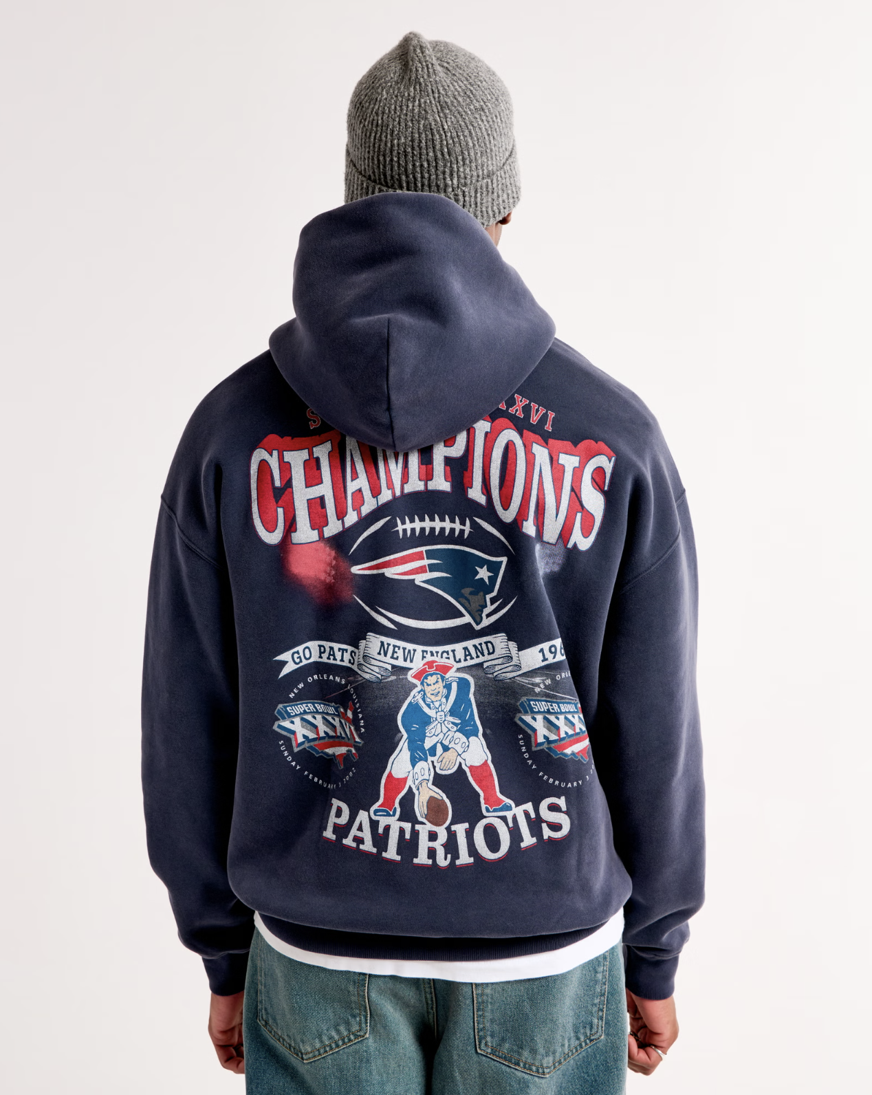 A model in an Abercrombie&Finch Patriots sweatshirt