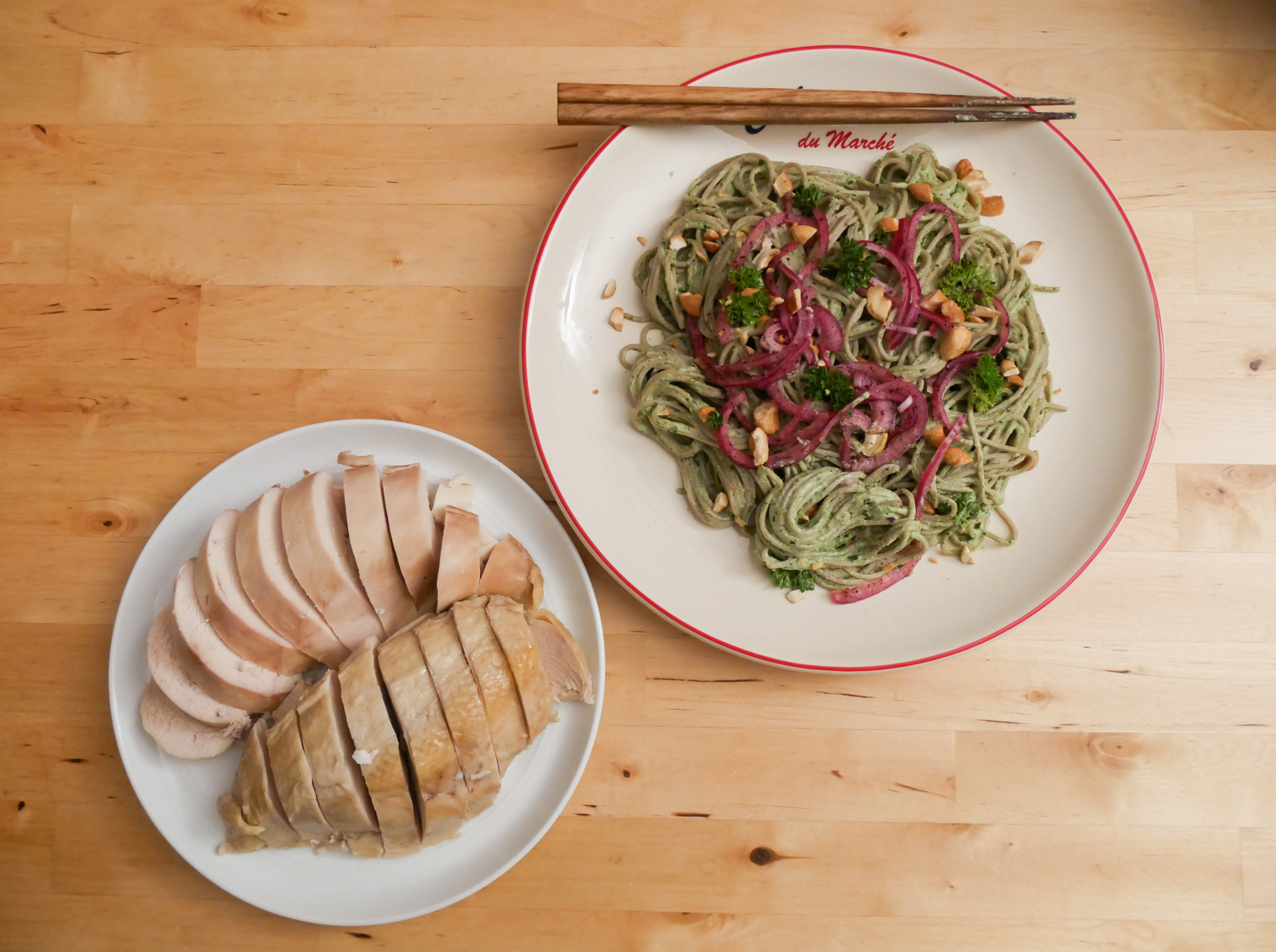 Picture of chicken and noodles.