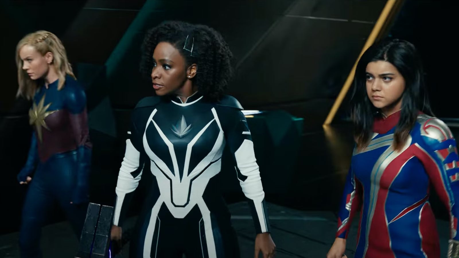 Brie Larson, Teyonah Parris, and Iman Vellani in \'The Marvels\'.