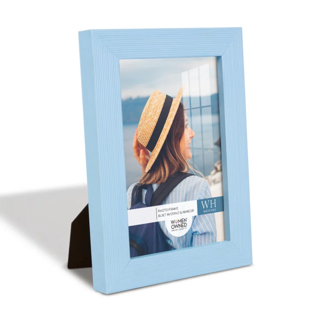 blue wooden photo frame with stand