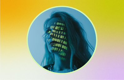 woman with binary code projected on her face
