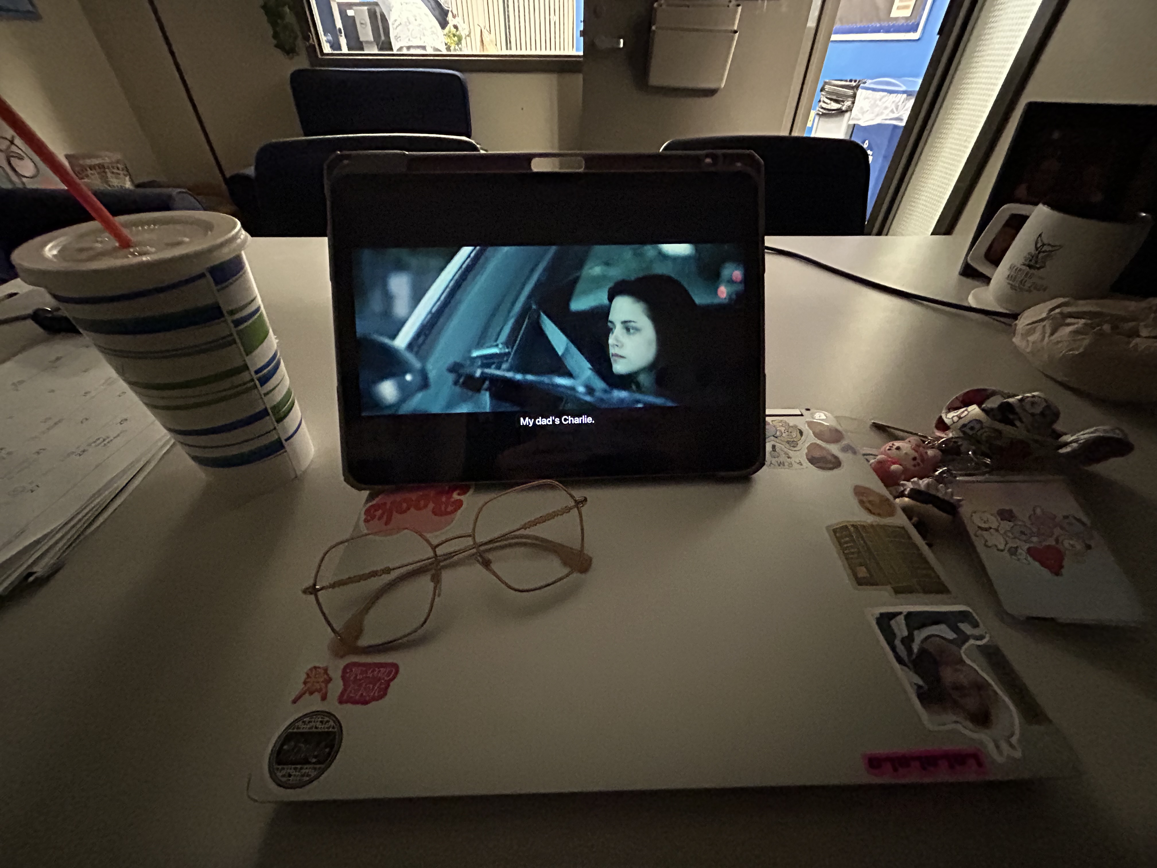 In office watching the movie, Twilight, on ipad