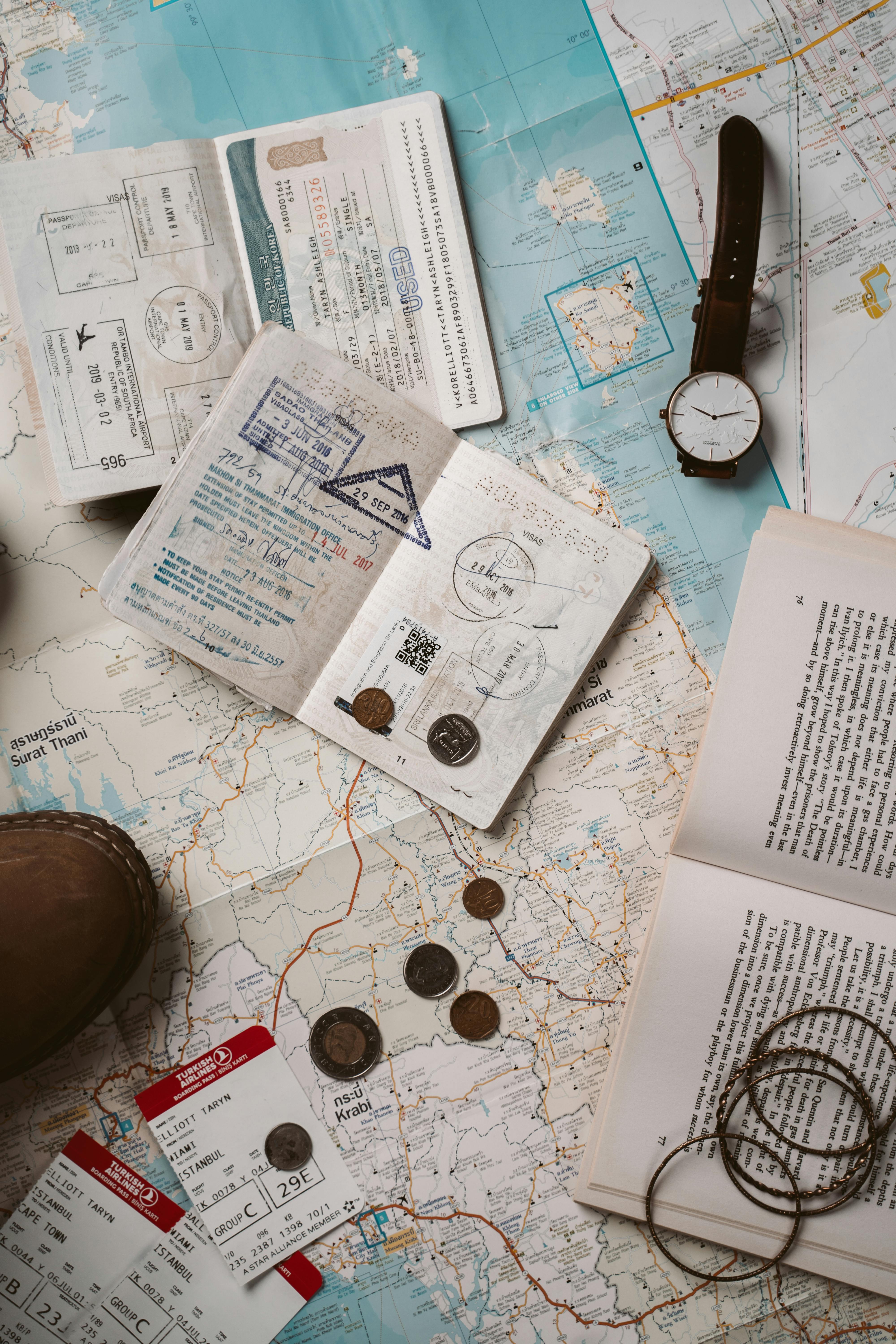 Maps, passports, and foreign currency