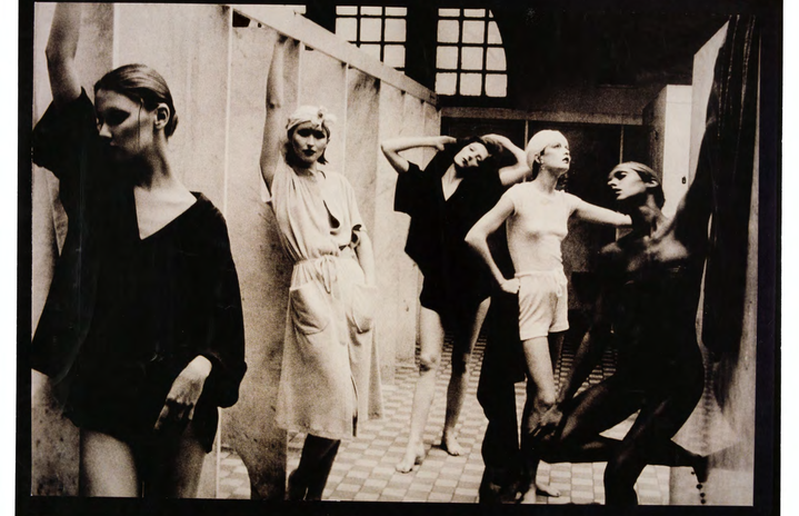 A black and white chromogenic photograph of five standing women from Deborah Turbeville\'s \'Otherworldly\' collection from the 1975 vogue catalogue.