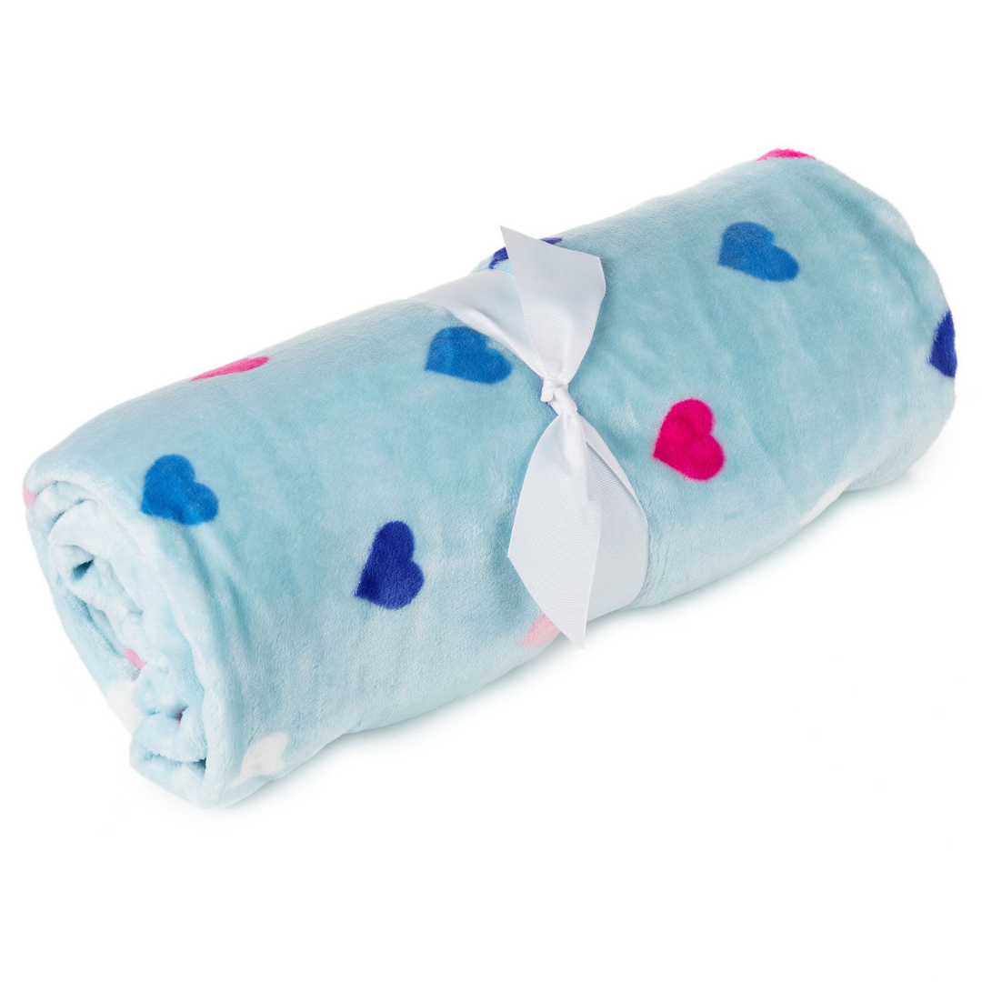 light blue throw blanket with multi-colored hearts
