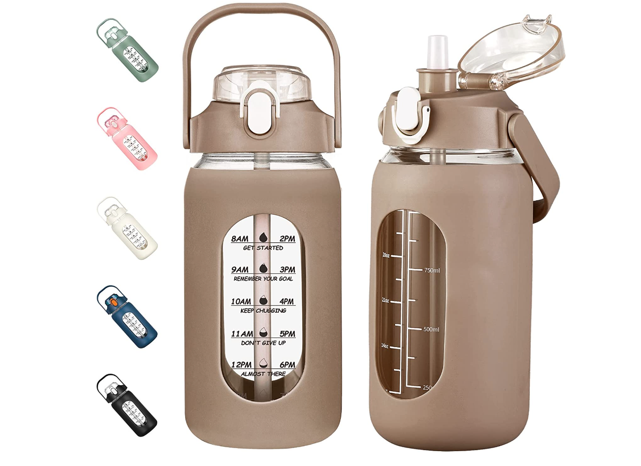 clear waterbottle with multicolor pack of silicone cases summer internship essentials