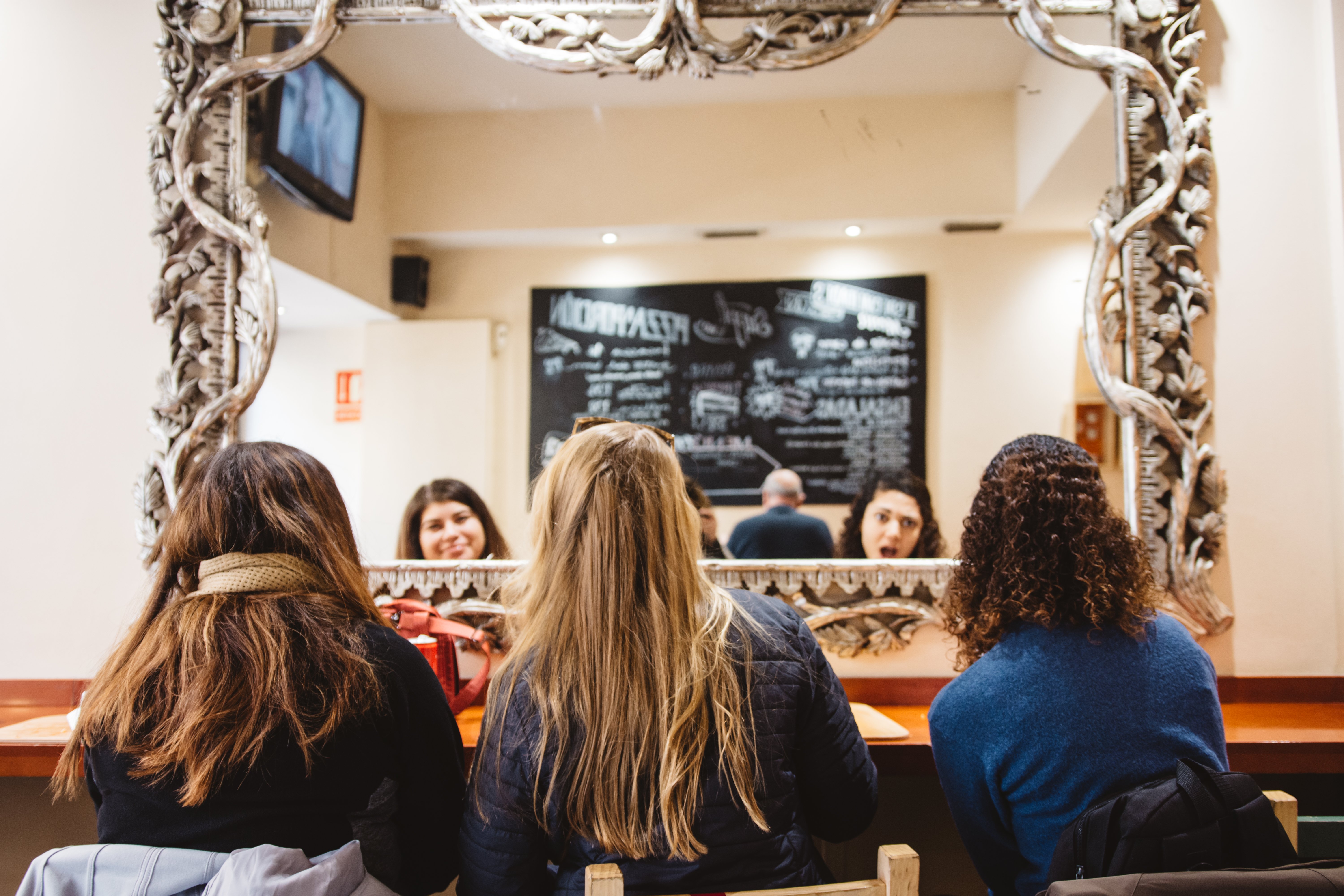 girls friends hair food abroad spain scarf mirror restaurant