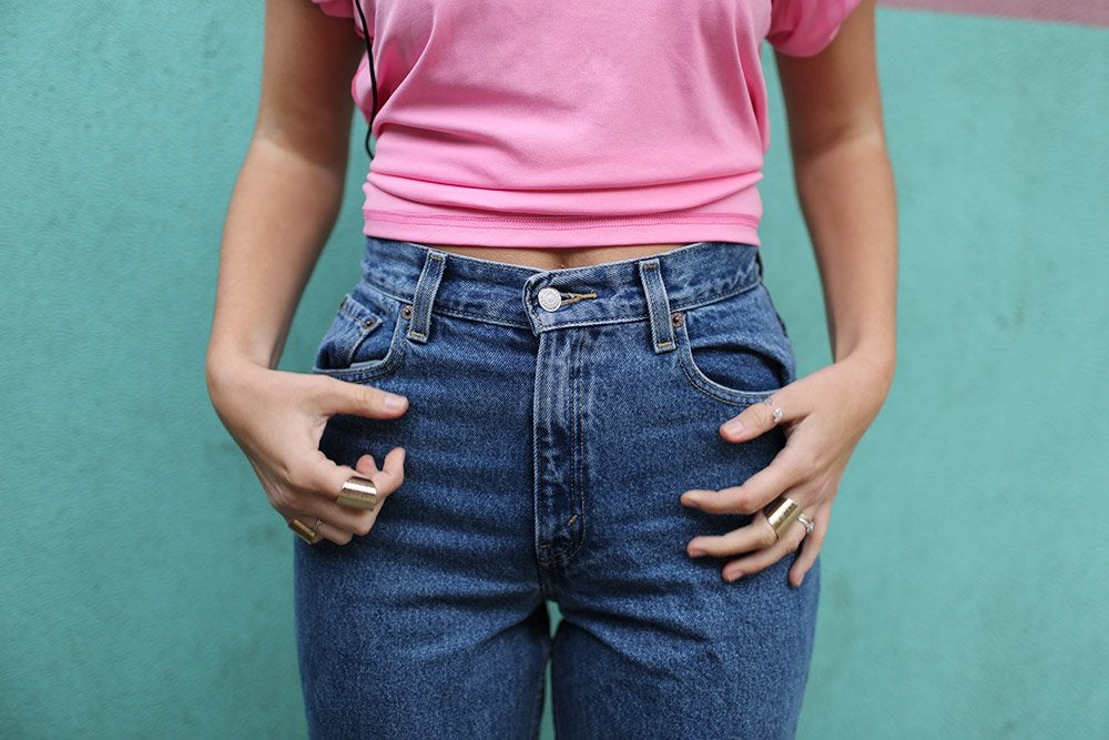 pink shirt jeans torso stomach