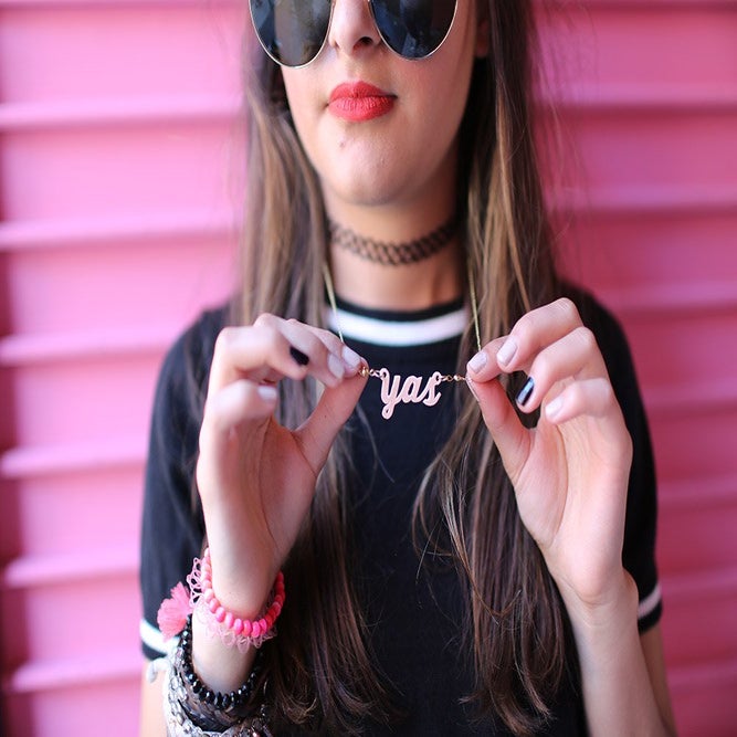 yas necklace red lips sunglasses pink wall
