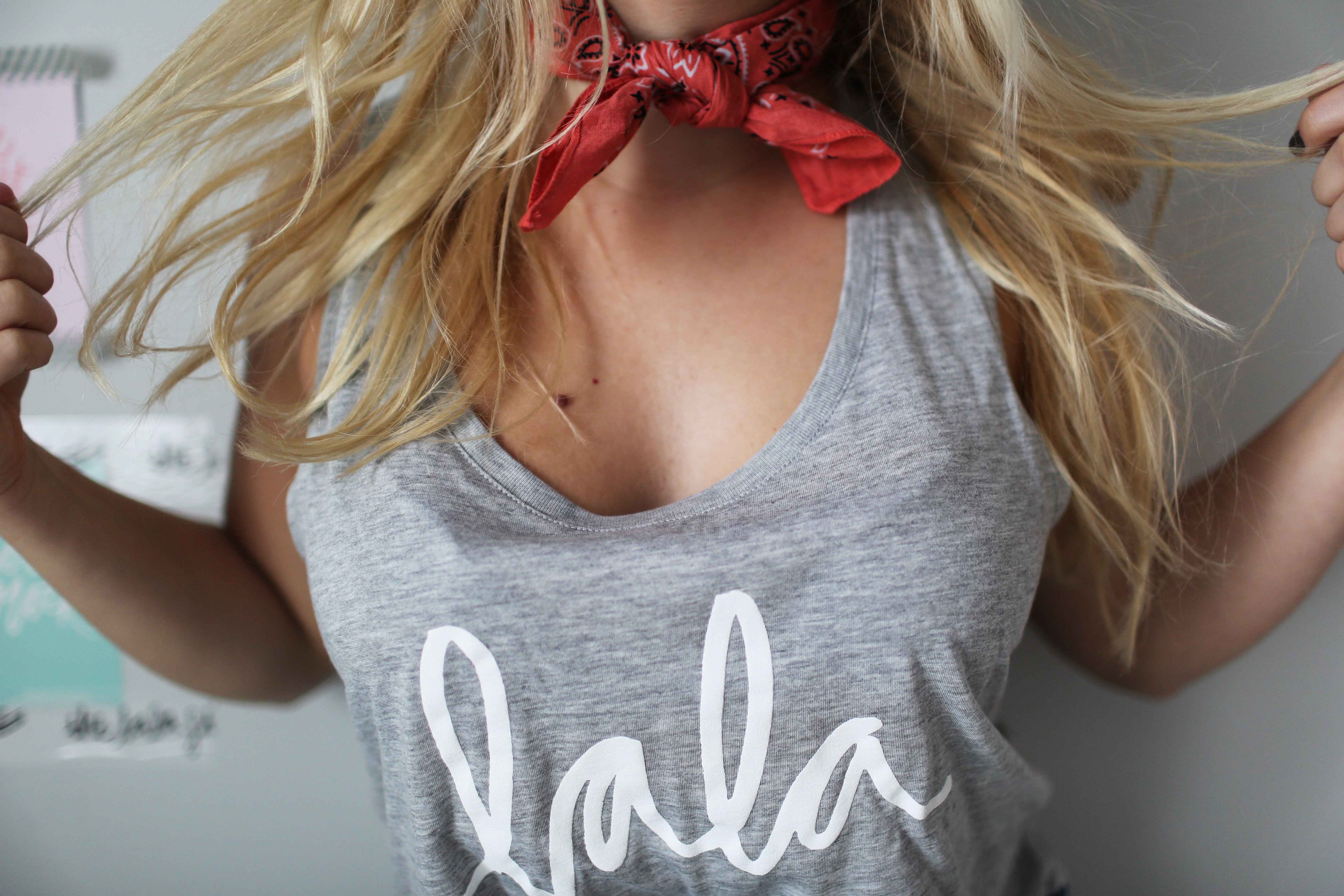 Blonde Hair Pulling Tank Bandana Chest Boobs Lala Tank Top