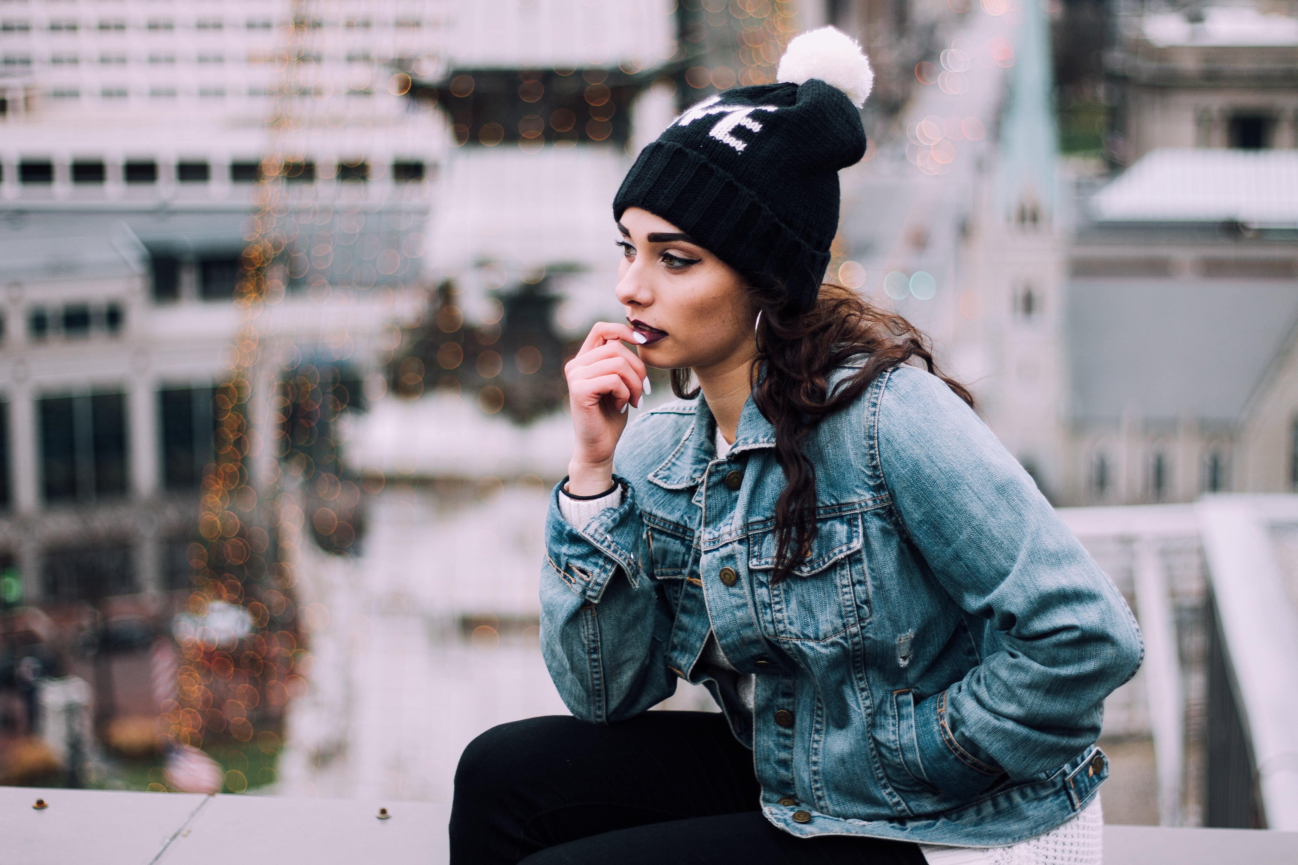 Jean Jacket With Pom Pom Beanie In The City 3