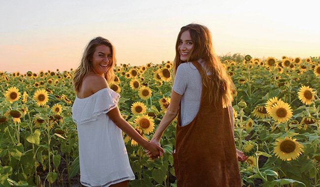 Maria Scheller-Best Friends Holding Hands Sunflower Field Dresses Summer Happy Sunset