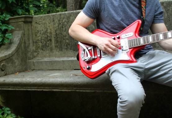 Guy Red Guitar Plants Outside Bench Summer
