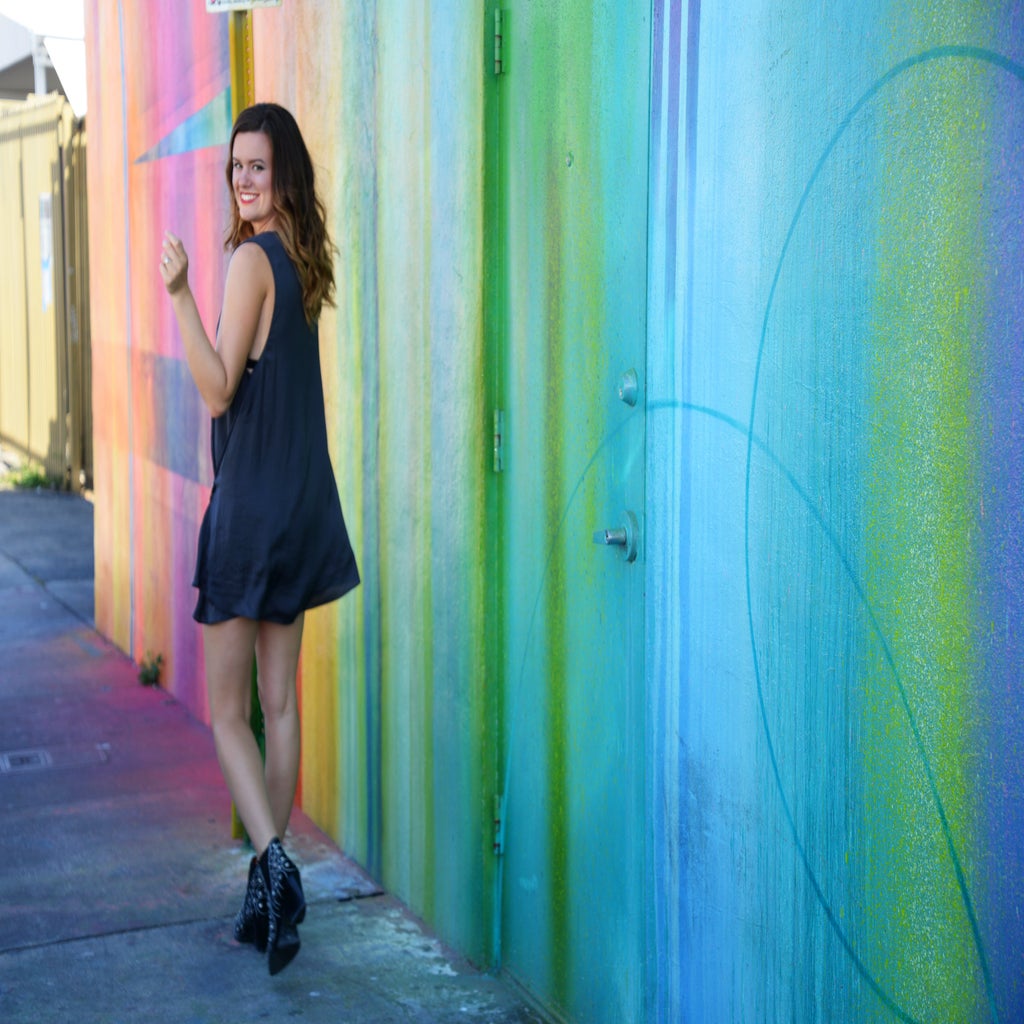 Lindsay Thompson-Walking Happy Skipping Dress Colorful Mural Miami Summer Boots Rainbow