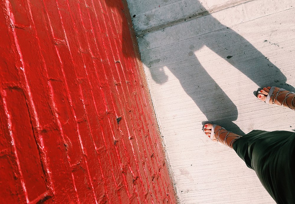 Red Wall Shoes Shadow Brick Street