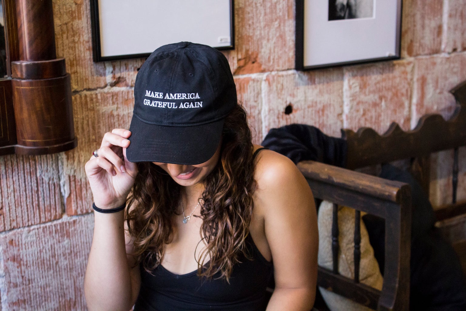 Girl Hat Coffee Shop Political Grateful America Positive High Res Version