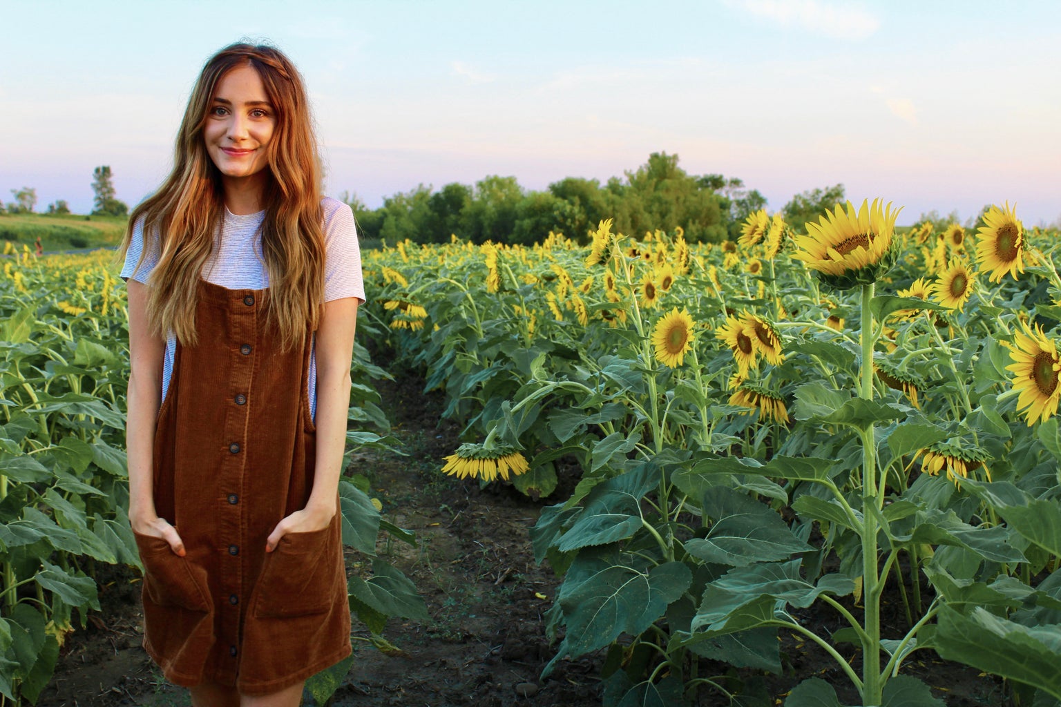Maria Scheller-Wavy Hair Sunflower Field Dress Summer Brunette