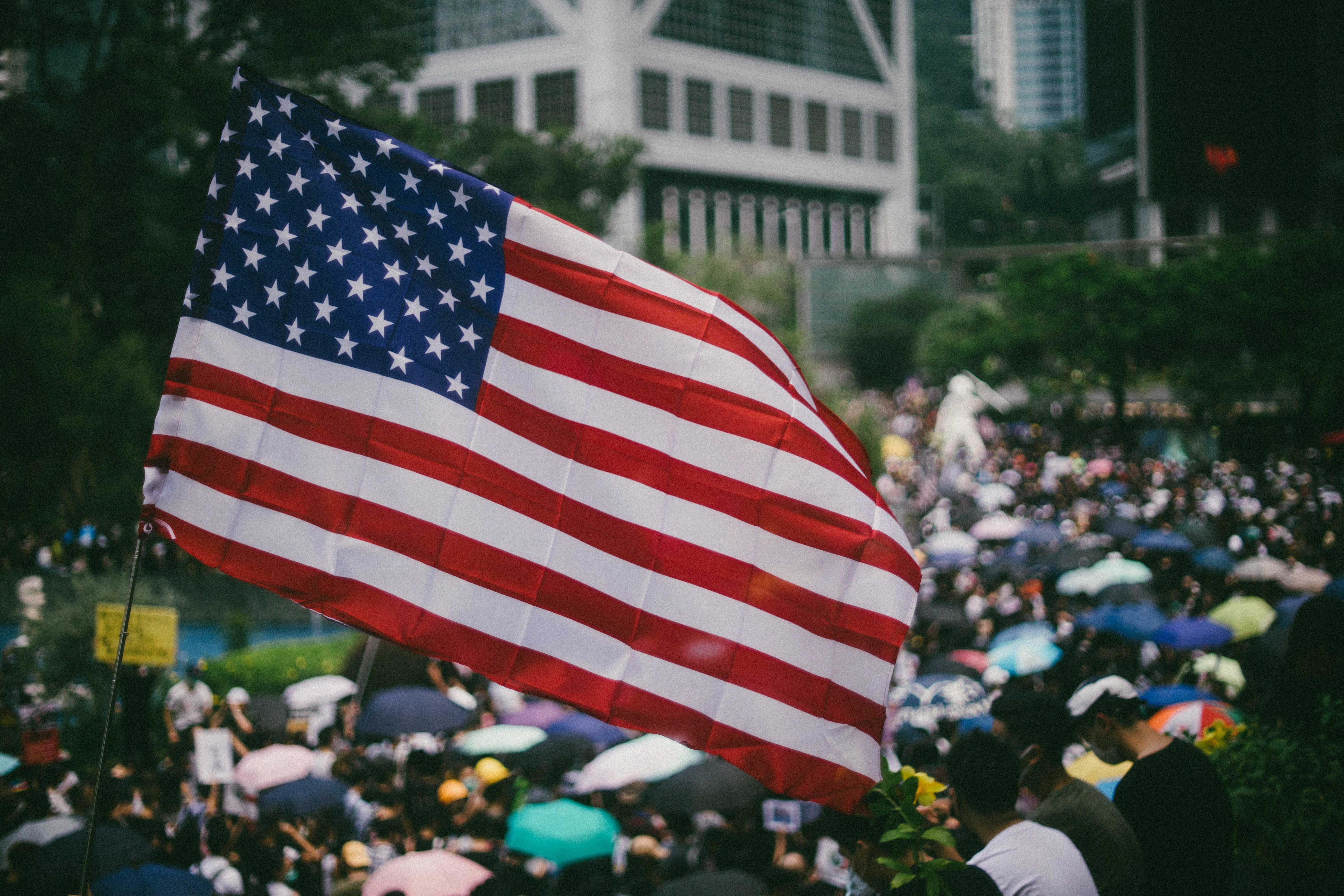 protesters waving US flags marched on Hong Kong\'s US Consulate