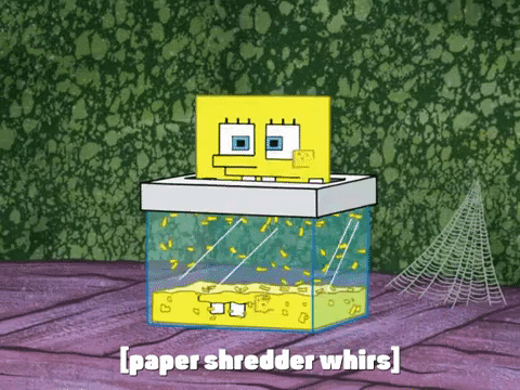 Gif of Spongebob Squarepants shredding himself