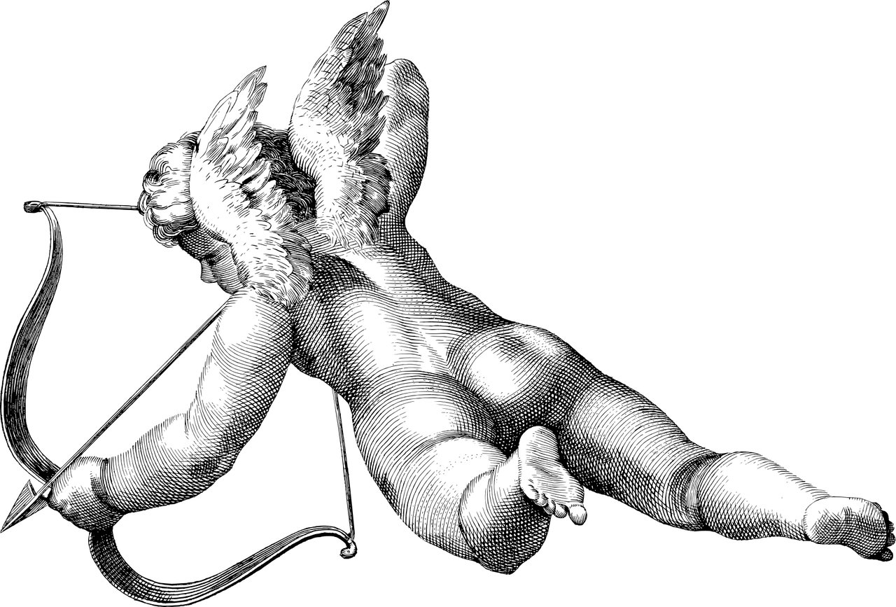 Black and white line drawing of cherub cupid